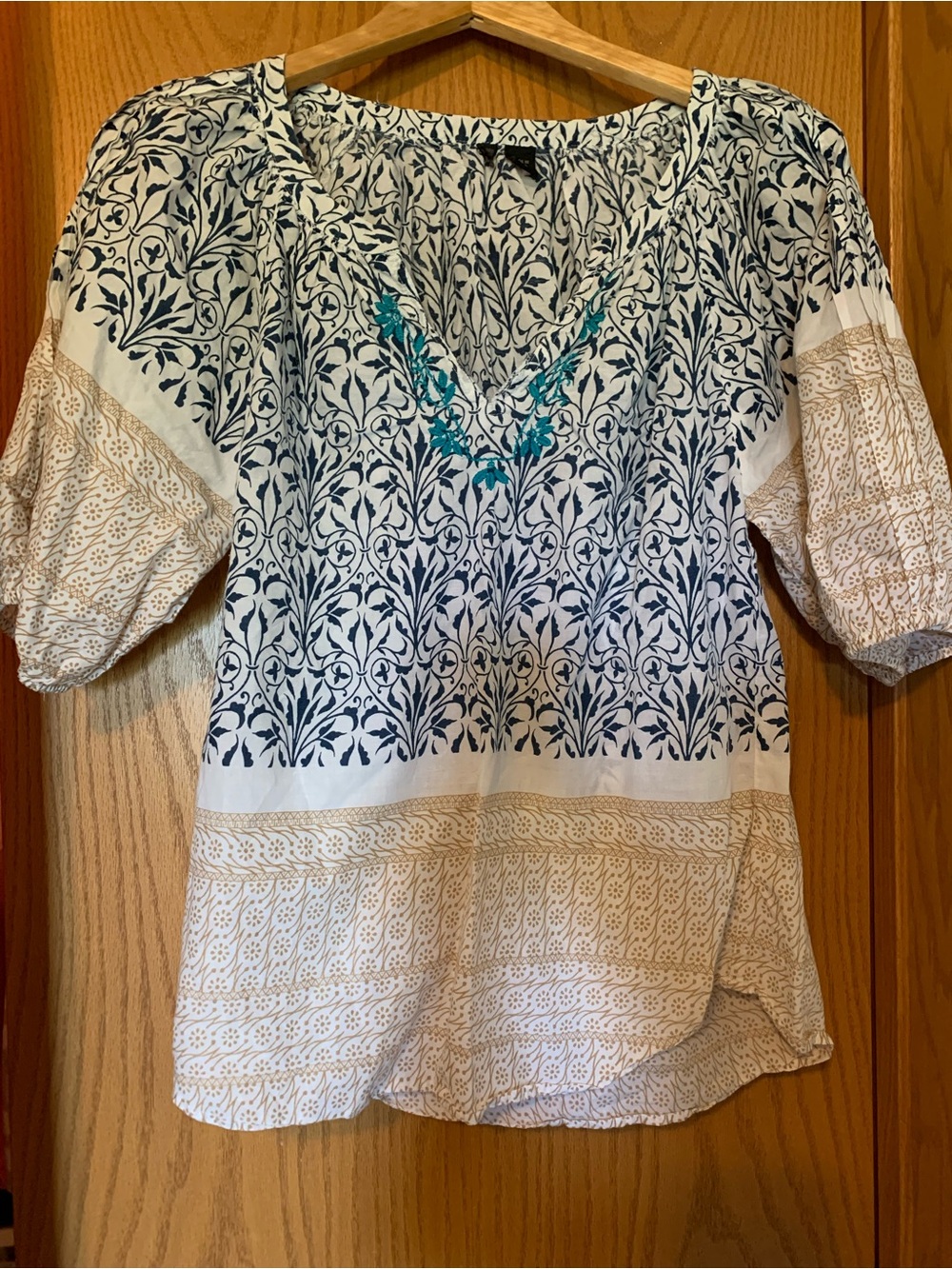 Source Unknown Navy and Cream Printed Short Sleeve Blouse